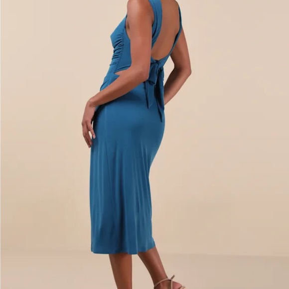 Lulus Flawless Effect Dark Teal Slinky Knit Cowl Tie-back Midi Dress Green - Picture 4 of 6